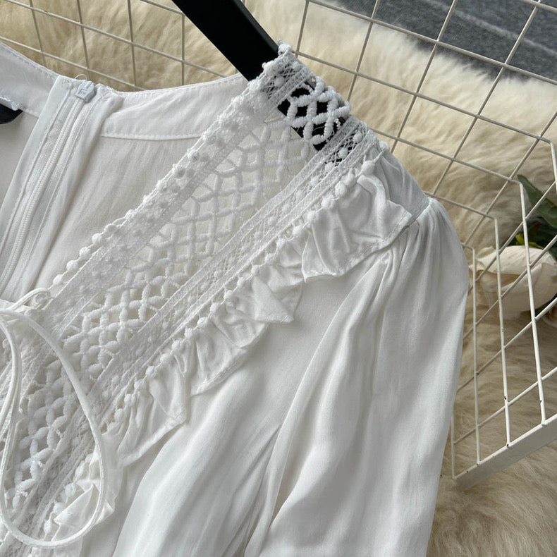 Seaside resort style white long sleeve fairy dress