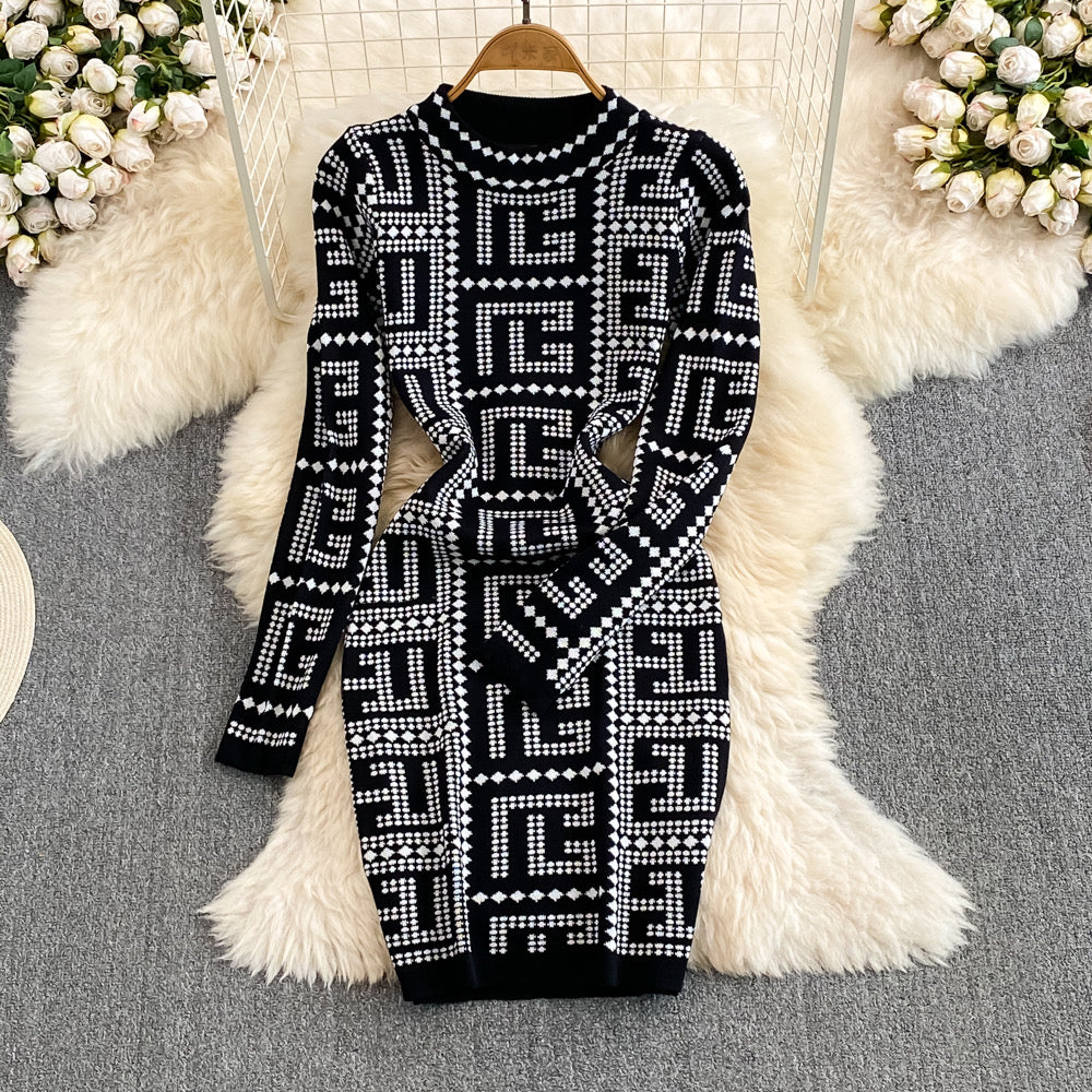 Temperament long-sleeved stand-up collar waist slimming mid-length knitted bodycon