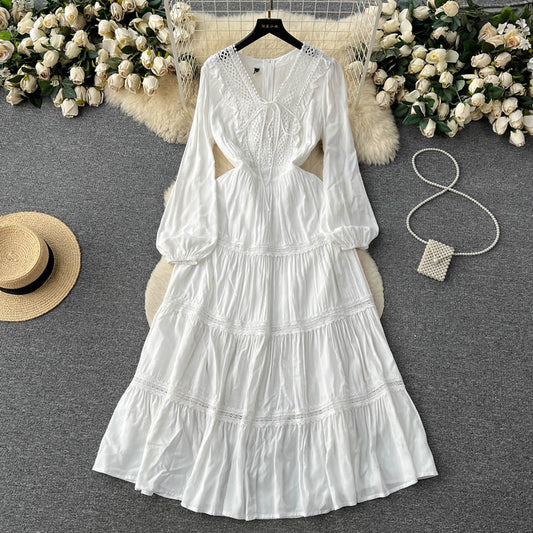 Seaside resort style white long sleeve fairy dress