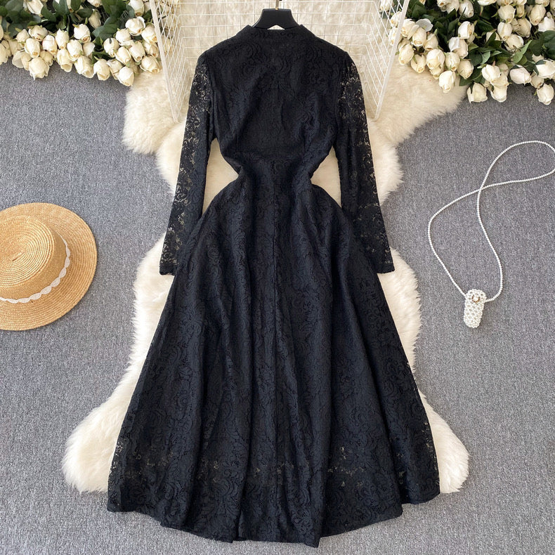 Stand-up collar long-sleeved lace dress