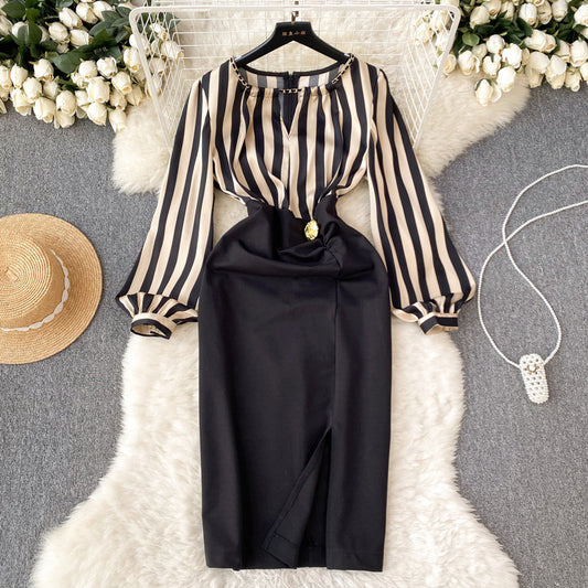 high-end striped dress puff sleeve patchwork waist slit design bodysuit m5582