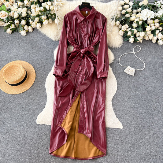 Long pleated pu leather bodysuit style winter dress