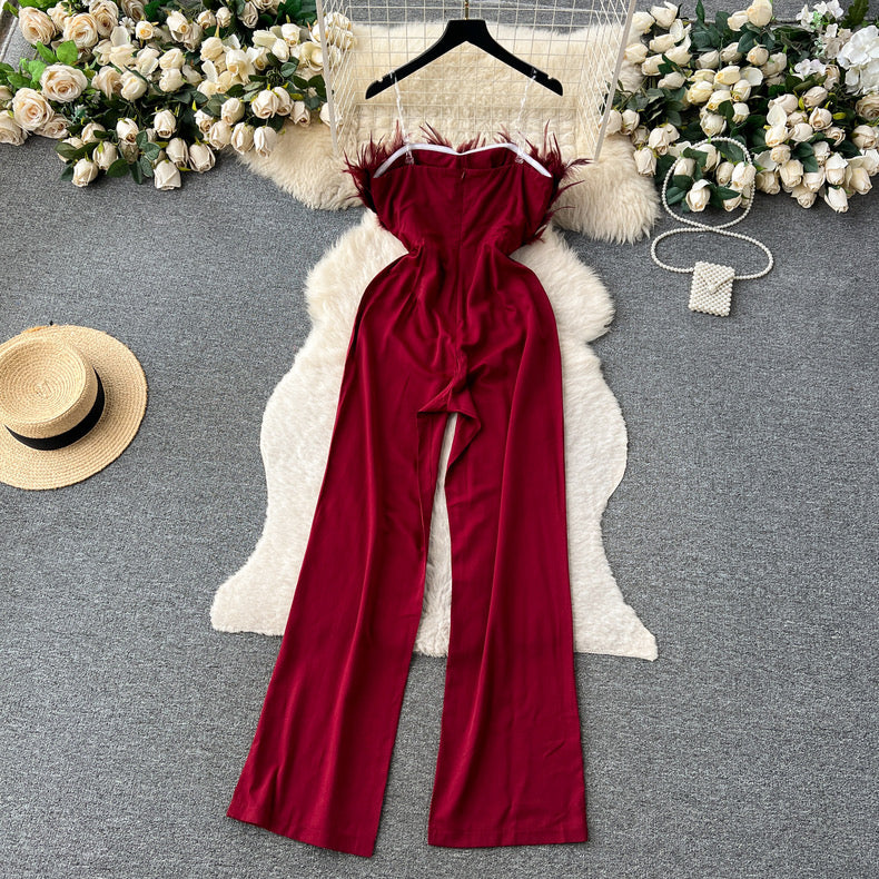 Jumpsuits feather design tube top slim long wide leg pants for women OSm036