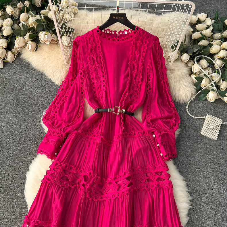 Beautiful heavy  hollow lace splicing French puff sleeve high-end dress