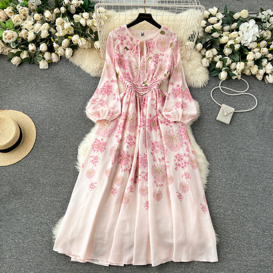 Printed round neck high waist elegant long dress