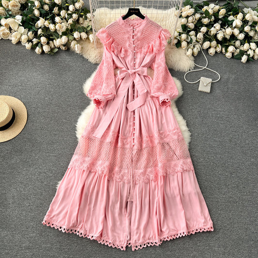 lace up hollow splicing breasted long puff sleeve dress m9021