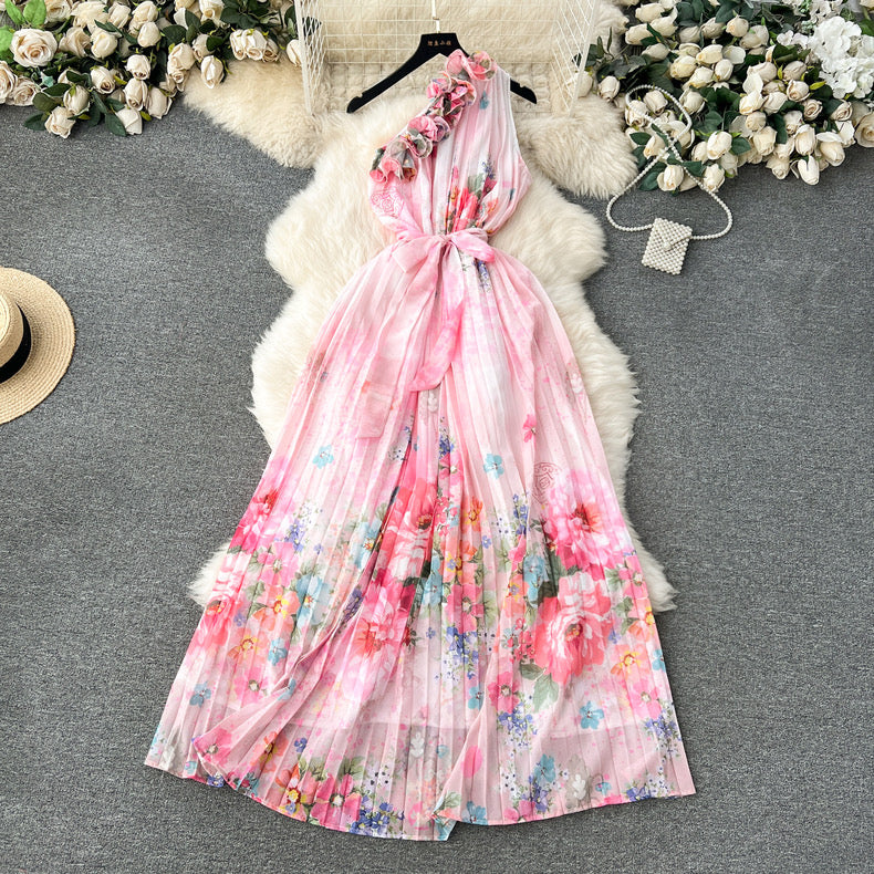 Blossom Series Ruffled Sloping Collar one Shoulder Printed Pleated Dress m6382