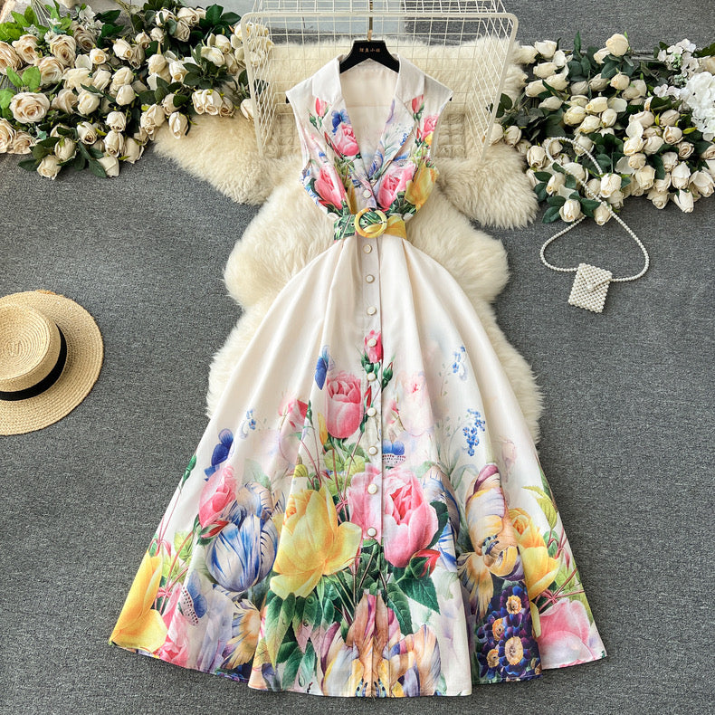 Blossom printed suit with collar, button-down and waist, high-end long sleeveless dress