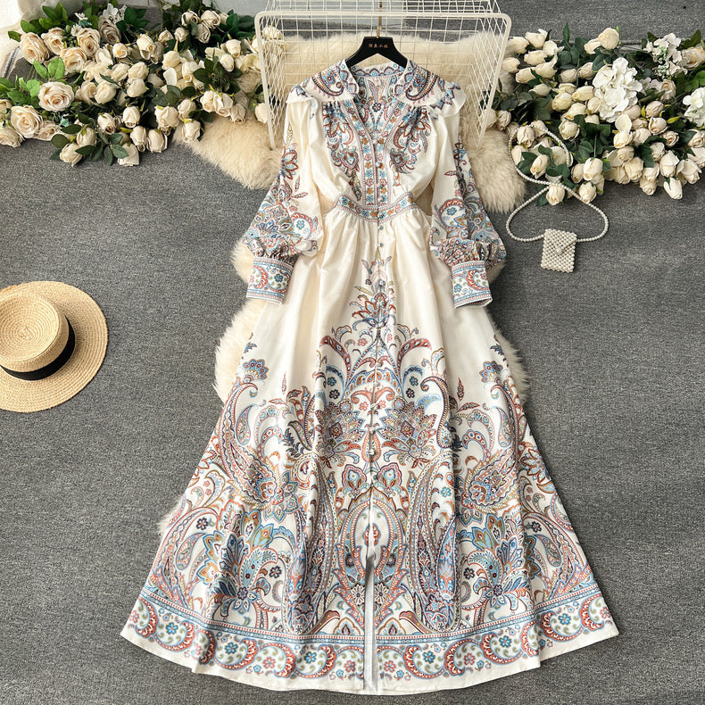 Elegant ruffled long-sleeved printed high-waisted single-breasted ladylike long dress