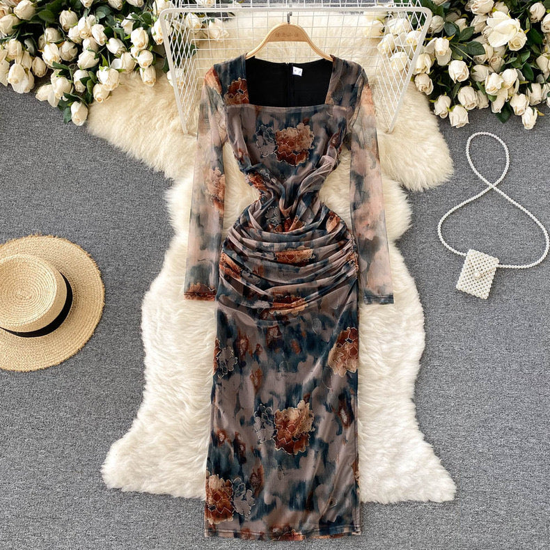 printed square neck long-sleeved dress pleated bodycon m9872