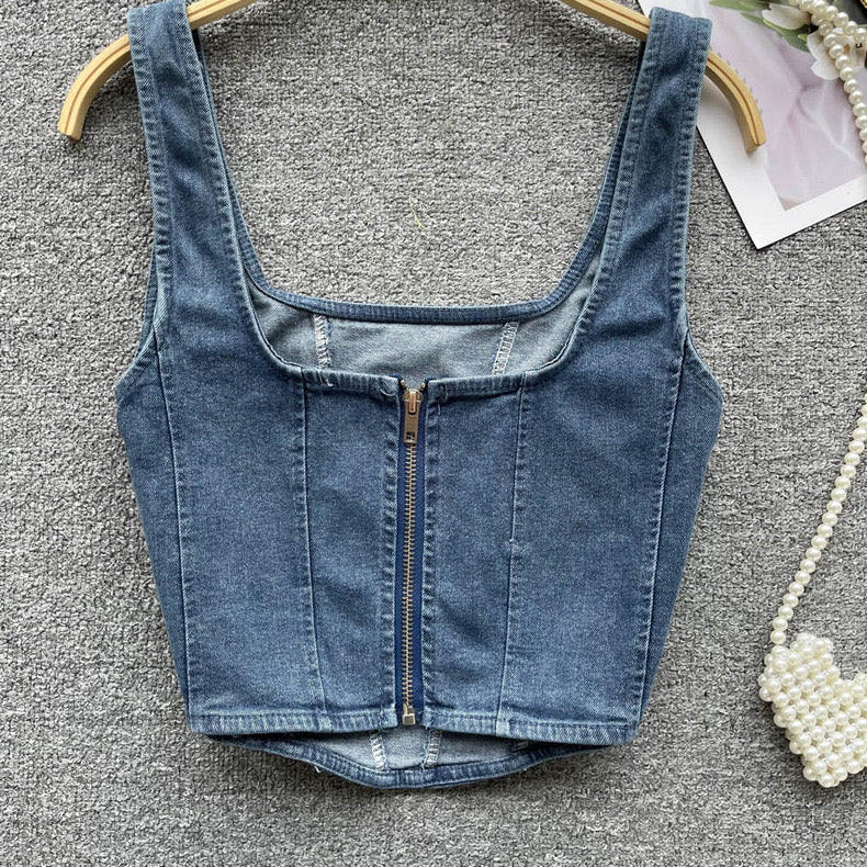 short denim top square neck zipper suspender top