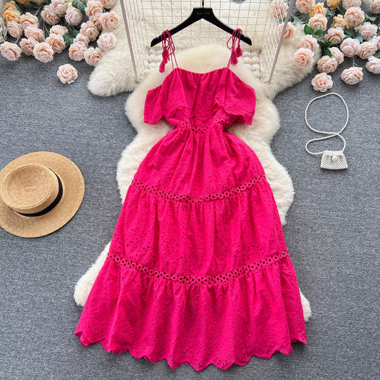 Sleeveless sling ruffled waist slimming dress for women