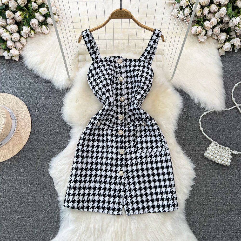 Suspender waist slimming, single-breasted A-line tweed plaid dress