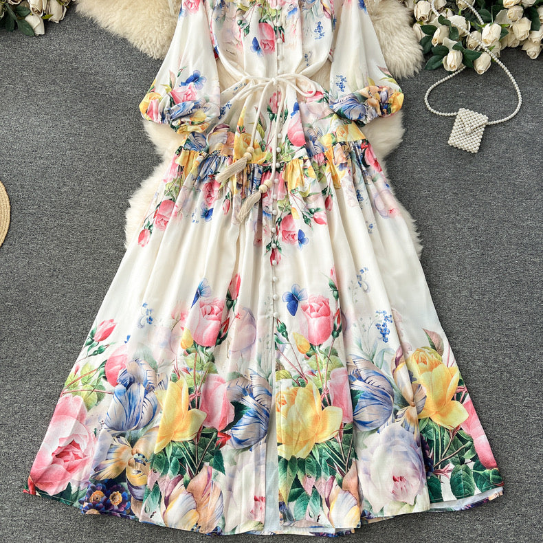 Blossom Series High-end Printed Puff Sleeves Elegant long Dress