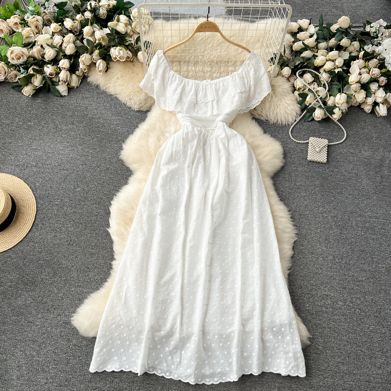 sweet ruffled one-line neckline off-shoulder slim long gentle style holiday dress