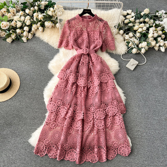 Heavy hollow carved lace multi-layered ruffle dress -m1608