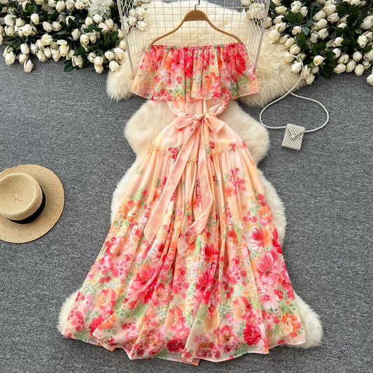 ruffled patchwork waist slimming and elegant printed chiffon dress