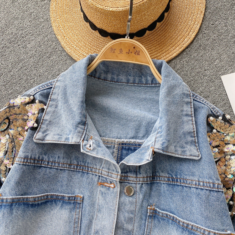 sequined loose design  high-end denim jacket top