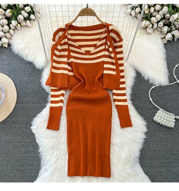 Striped knitted jacket two-piece