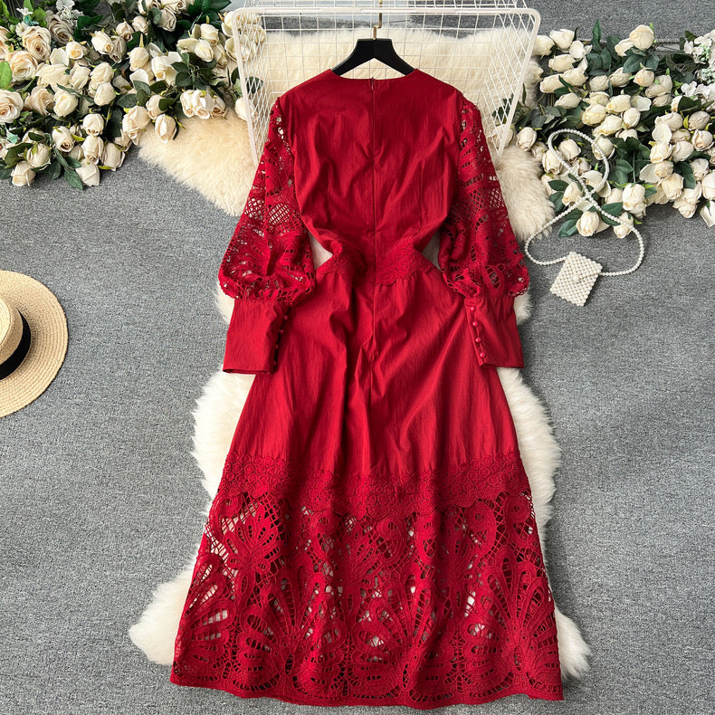 High-end flower puff sleeve lace up bodysuit dress