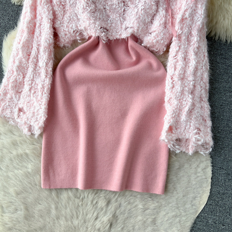 Short sweater blouse slim suspender knitted outfit suit