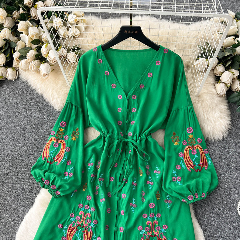 V-neck slim lantern sleeve embroidered single-breasted dress for women