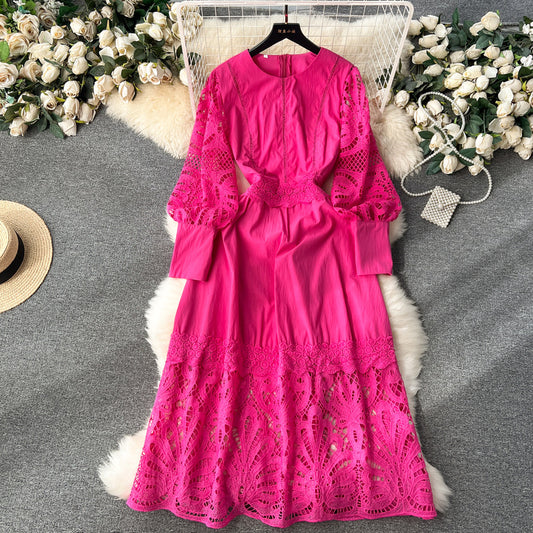 High-end flower puff sleeve lace up bodysuit dress