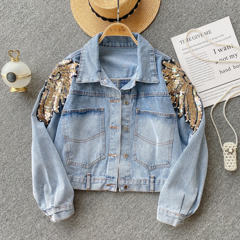 sequined loose design  high-end denim jacket top