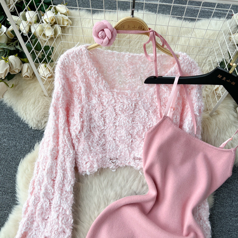 Short sweater blouse slim suspender knitted outfit suit