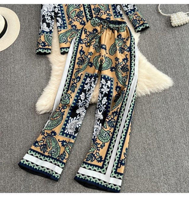 printed loose long-sleeved shirt two-piece set high-waisted straight casual pants