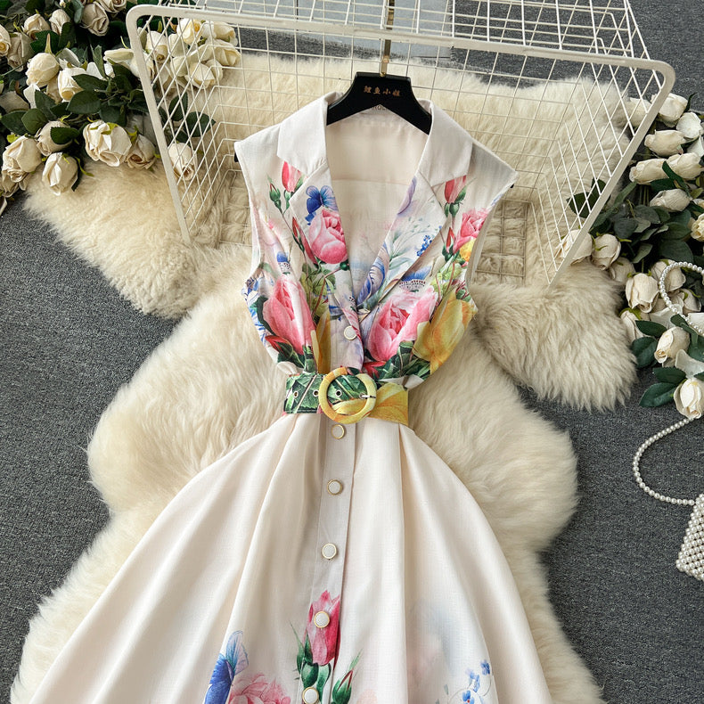 Blossom printed suit with collar, button-down and waist, high-end long sleeveless dress