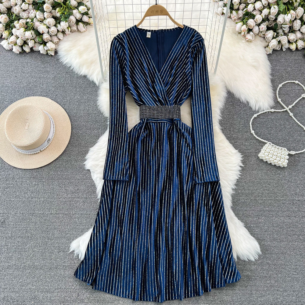 Stripe velvet high end midi gown