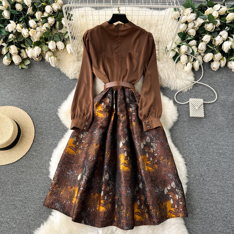 High-end light luxury V-neck splicing jacquard fluffy dress m2035