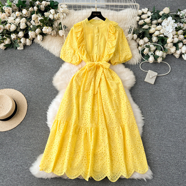 Bohemian summer new age-reducing puff sleeves heavy embroidery ruffle dress