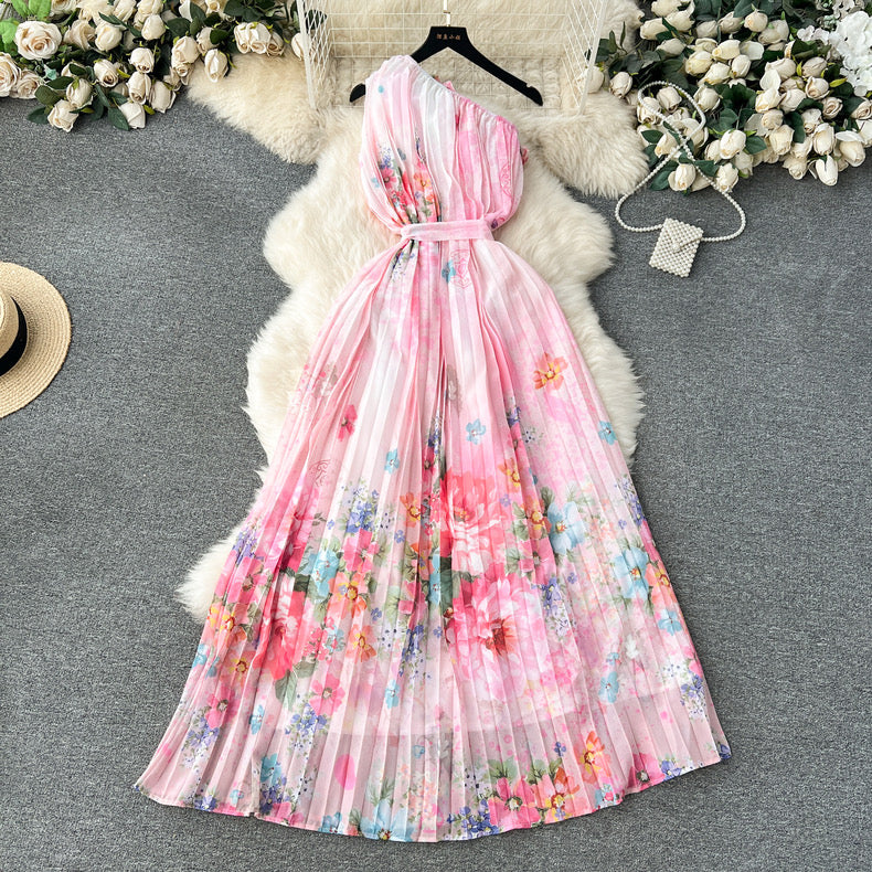 Blossom Series Ruffled Sloping Collar one Shoulder Printed Pleated Dress m6382