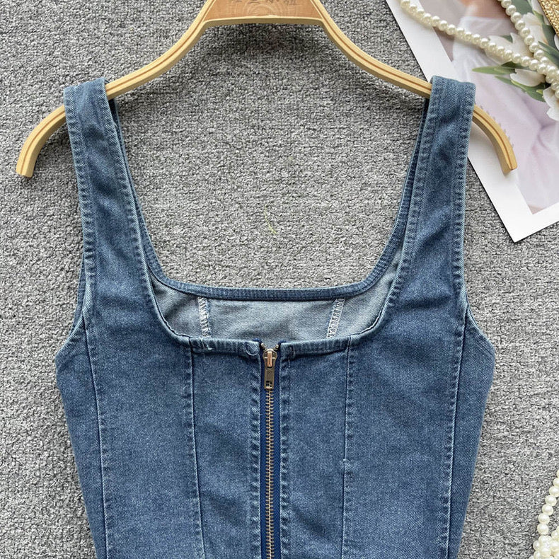 short denim top square neck zipper suspender top