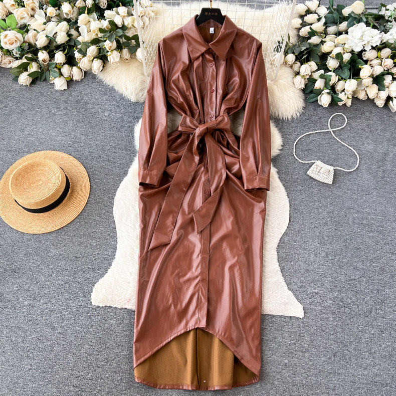 Long pleated pu leather bodysuit style winter dress