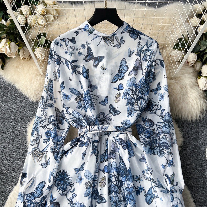 Long-sleeved single-breasted printed mature style midi gown