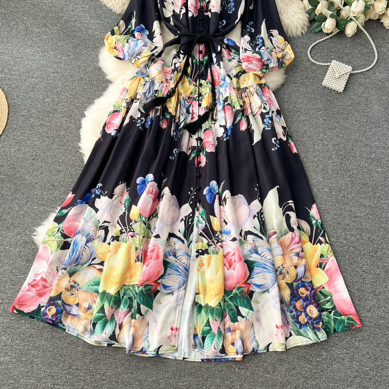 Blossom Series High-end Printed Puff Sleeves Elegant long Dress