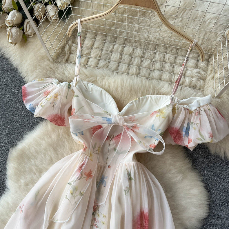 one-shoulder tube top floral puff sleeves mesh fairy suspender dress