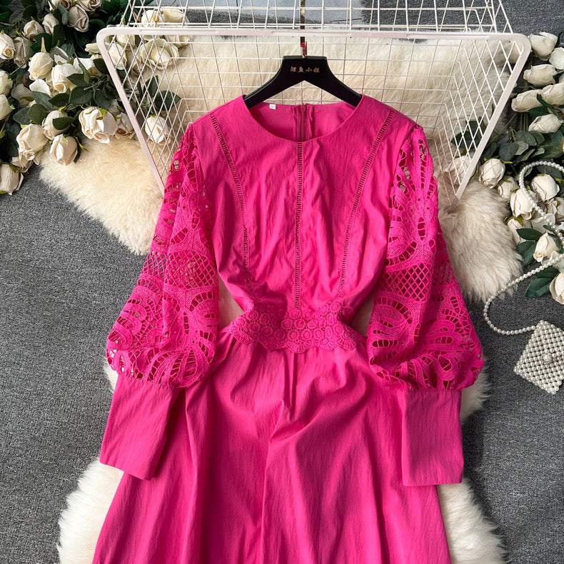 High-end flower puff sleeve lace up bodysuit dress