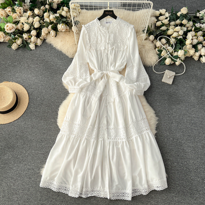 Edge collar buttoned lace-up long hollow lace splicing puff sleeve dress m9016