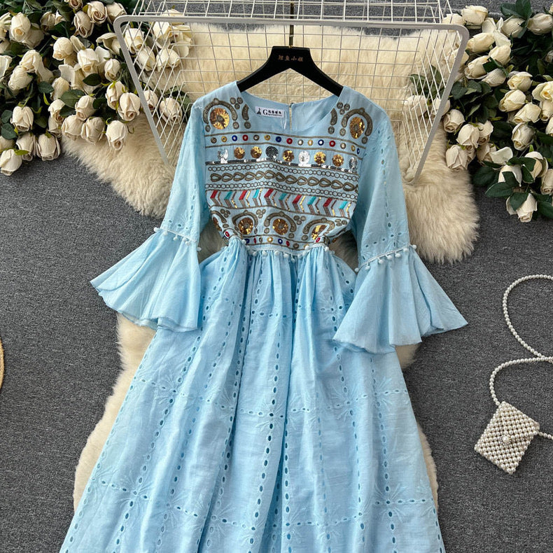 French retro ethnic style embroidered round neck bell sleeve dress