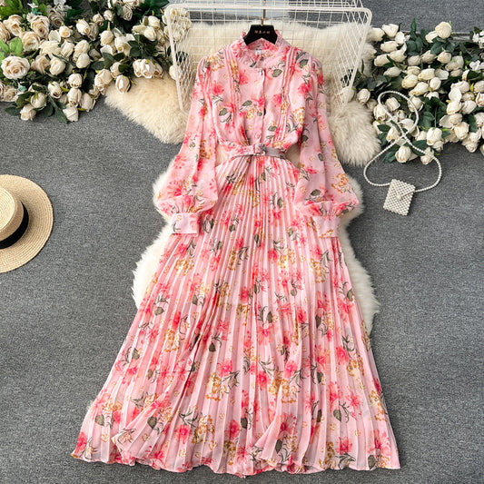 sweet collar buttoned slim long pleated floral puff sleeve chiffon Georgette dress