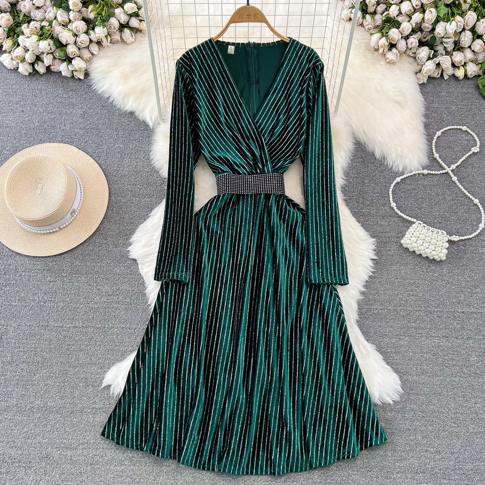 Stripe velvet high end midi gown