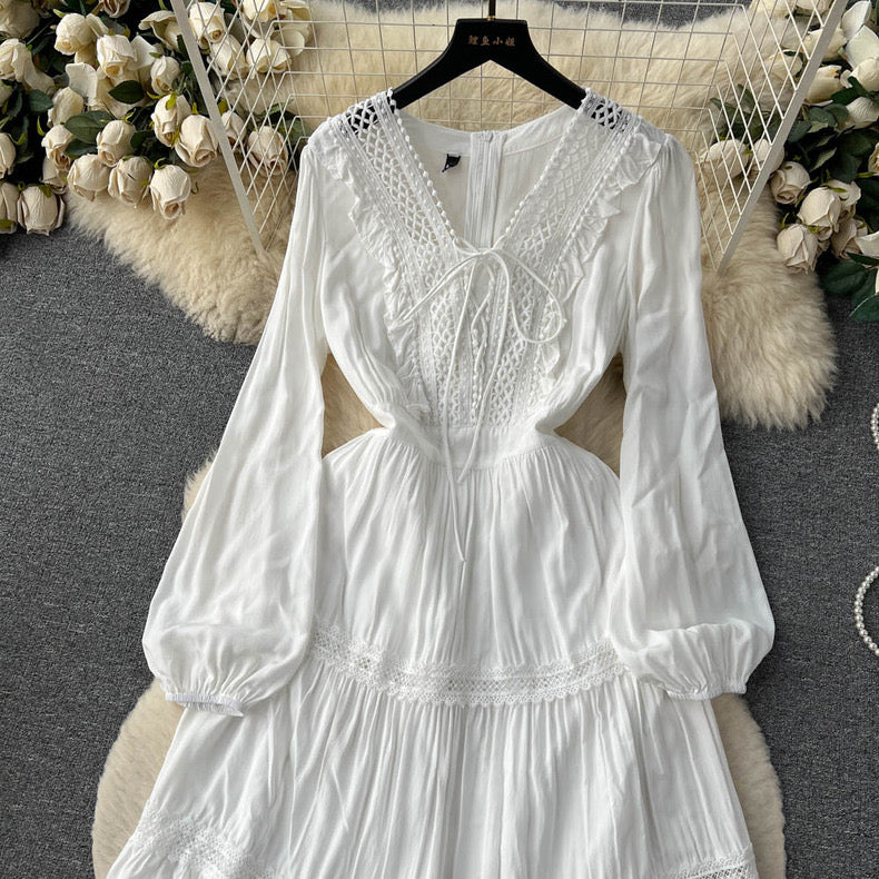 Seaside resort style white long sleeve fairy dress