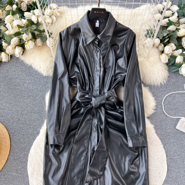 Long pleated pu leather bodysuit style winter dress