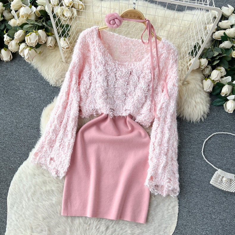 Short sweater blouse slim suspender knitted outfit suit