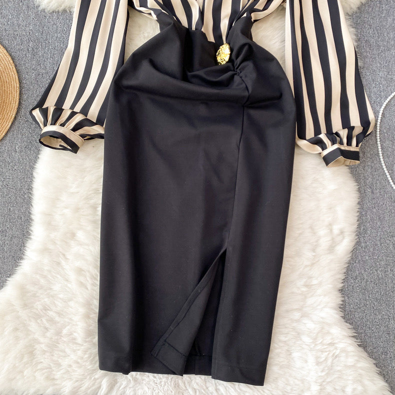 high-end striped dress puff sleeve patchwork waist slit design bodysuit m5582