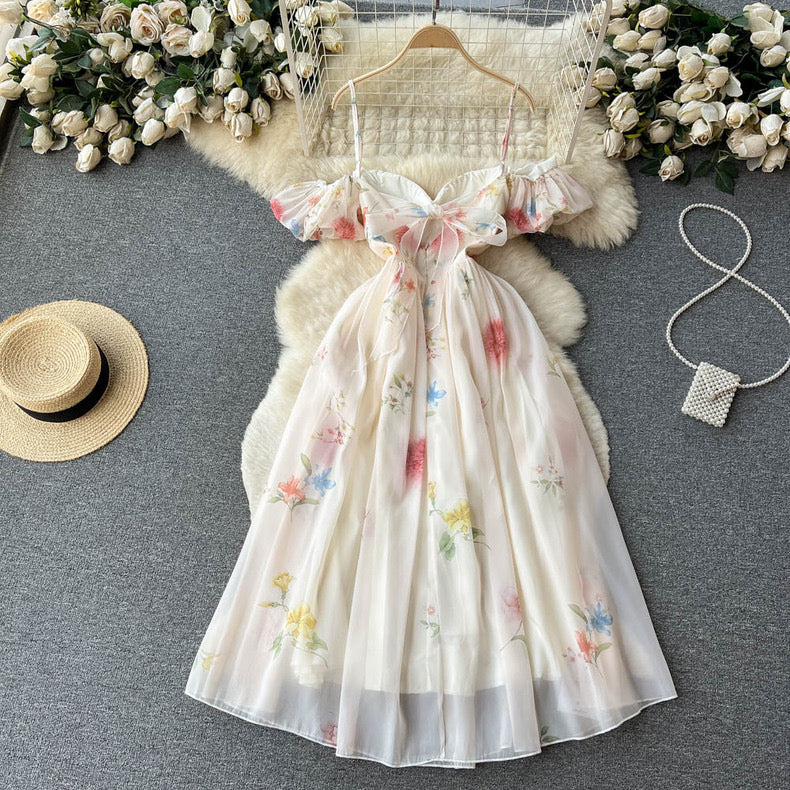 one-shoulder tube top floral puff sleeves mesh fairy suspender dress